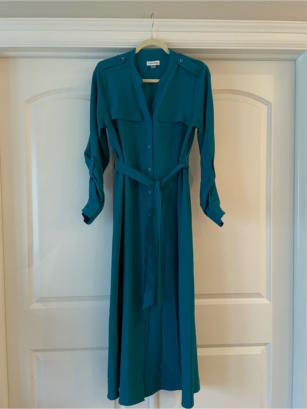 Calvin Klein Teal Maxi Shirt Dress with Waist Tie